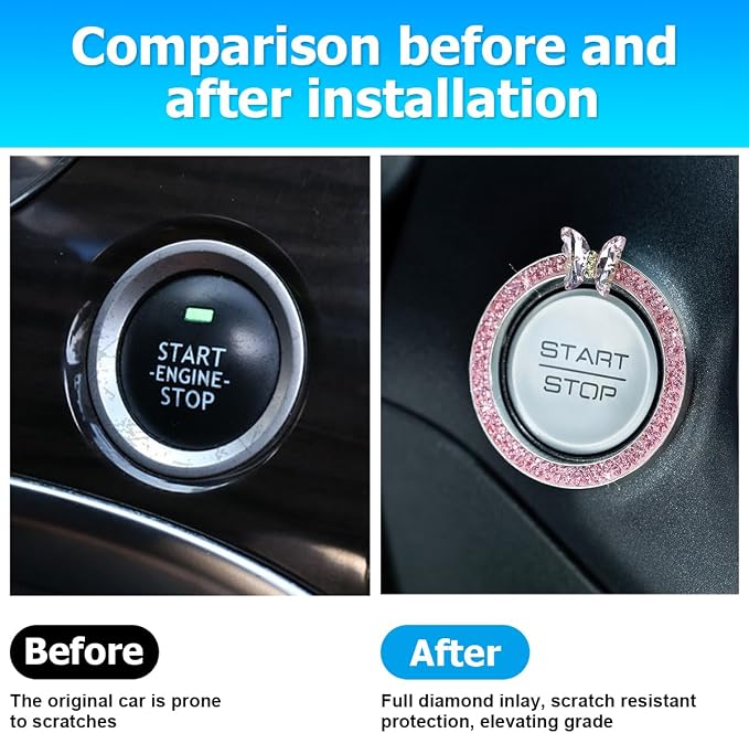 2PCS Bling Car Engine Start Stop Decoration Ring, Crystal Rhinestone Auto Push Start Button Ignition Ring Sticker, Vehicle Decor Accessories for Women Girls, Universal for Vehicles (Pink)