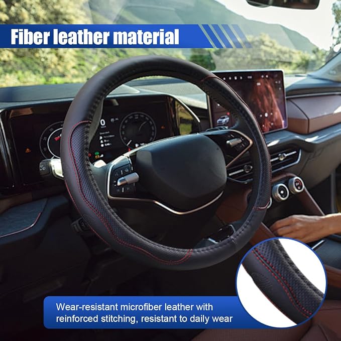 15Inch Leather Car Steering Wheel Cover for SUV, Truck, Black&Red | Anti-Slip Breathable Automotive Steering Wheel Protector, Universal Heat Resistant Vehicle Interior Accessories