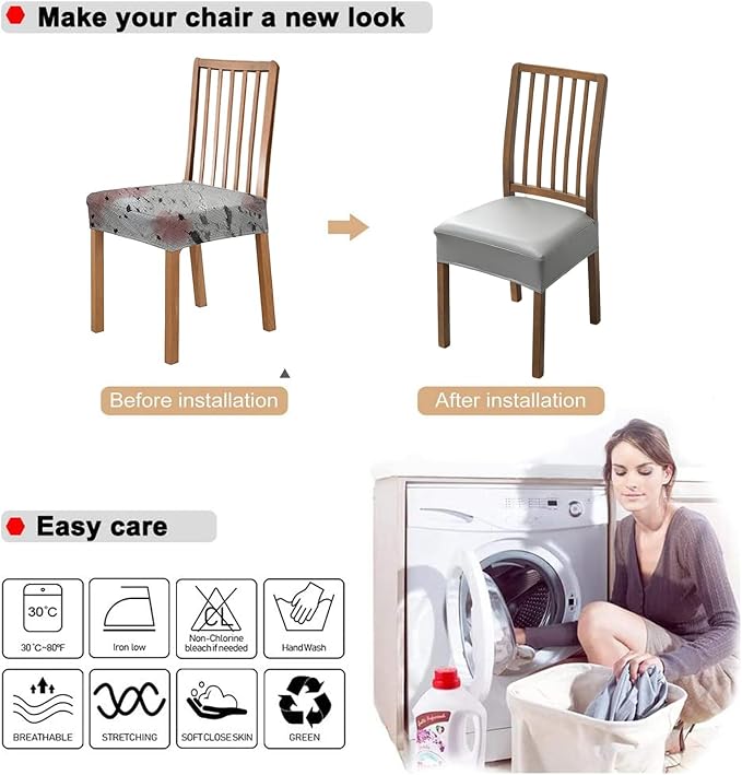 NILUOH Waterproof Seat Covers for Dining Room Chairs Set of 4, Pu Leather Chair Seat Slipcovers Dining Chair Cover Removable Washable Chair Protctor Cover, Rear Covers (PU-Gray)