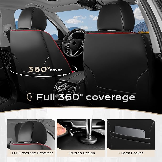 Coverado Car Seat Covers Front Seats, 2 Pack Waterproof Leather Front Seat Covers, Universal Fit for Cars SUVs Sedans,Black Redline