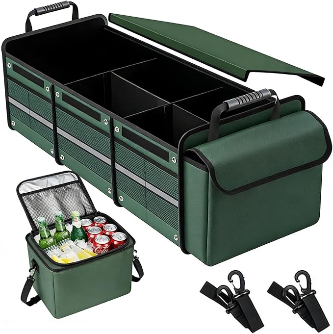 Car Trunk Organizer with Removable Cooler Bag - Collapsible Multi-Compartment Storage for SUV Truck Groceries Camping, Durable Nylon Auto Cargo Organizer (Green)