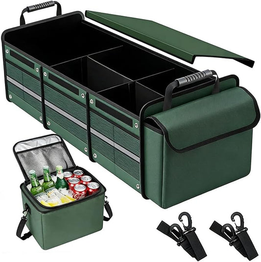 Car Trunk Organizer with Removable Cooler Bag - Collapsible Multi-Compartment Storage for SUV Truck Groceries Camping, Durable Nylon Auto Cargo Organizer (Green)