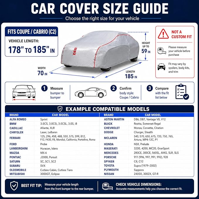 Car Cover Waterproof All Weather, 60 S Quick Install Underbody Wrap-Around Mount Car Covers for Automobiles （Copue-178 to 185 in）