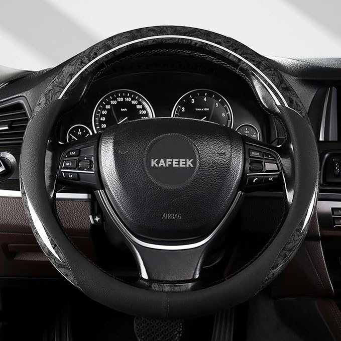 KAFEEK 16 inch Steering Wheel Cover for Ford F150 F250 Ram 4Runner Tacoma | Wood Grain Design with Microfiber Leather, Anti-Slip, Comfortable Grip, Easy to install