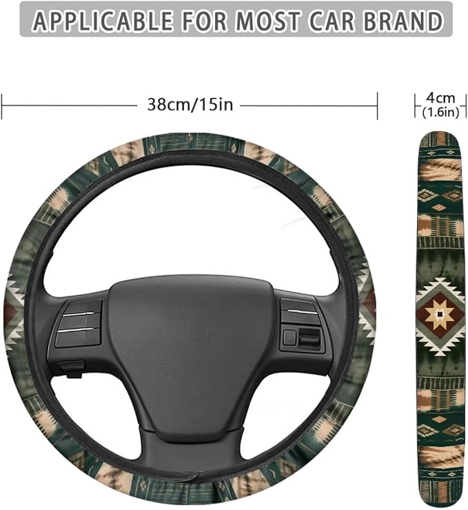 Wanyint Car Steering Wheel Cover Universal 15 Inch Steering Wheel Protector Auto Accessories Decor Anti-Slip Washable Universal Fit Most Vehicles, Southwest Aztec Dark Green