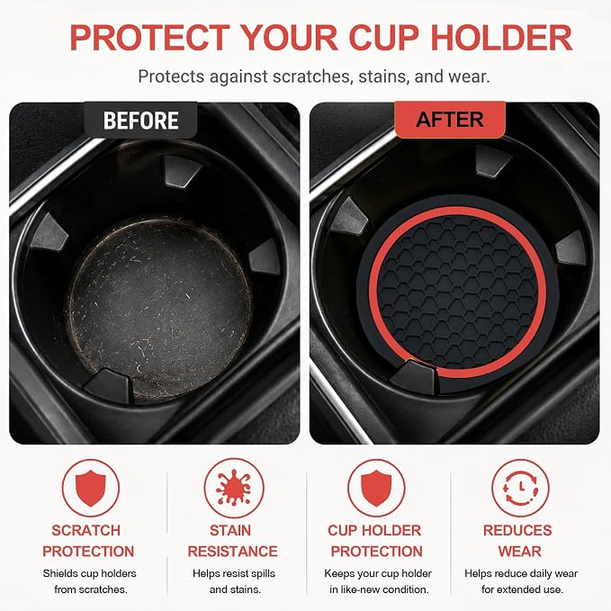 4PCS Car Cup Holder Coasters - 2.75 Inch Non-Slip Insert Water Bottle Holder Pads, Dustproof Automotive Interior Accessories Mat, Universal for Vehicles, Trucks, RVs (Red)