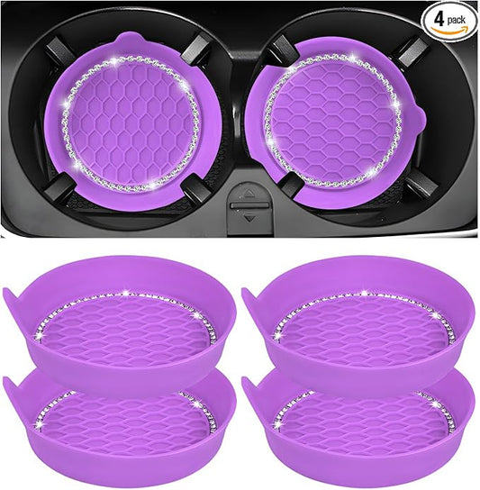 Sun Walker 4 PCS Bling Car Cup Holder Coaster, Non Slip Sparkly Rhinestone Cup Holder Pad Insert Coaster, Shockproof Silicone Shiny Embedded Drink Mat Interior Decor for Most Vehicles (Purple)