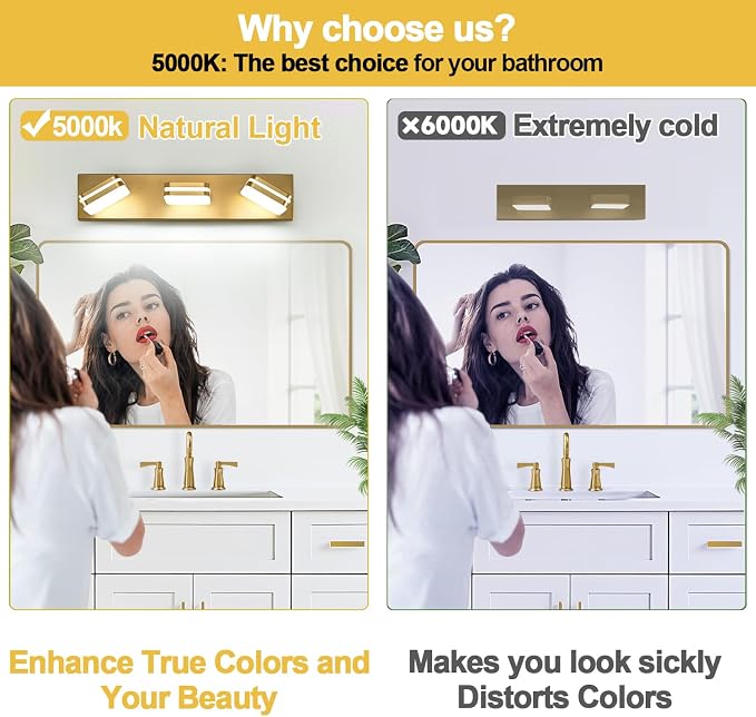 Torondo 360° Rotate LED Bathroom Vanity Light Fixtures, Acrylic Vanity Lights for Bathroom, Modern Wall Lighting Fixtures Over Mirror Living, Gold, Natural White, 3-Light, 17-Inch