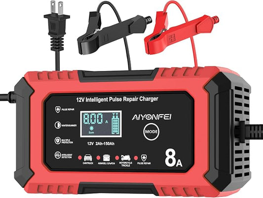12V Battery Charger 8-Amp Smart Trickle Charger, Red | Battery Maintainer and Desulfator, Temperature Compensation, for Car, Truck, SUV, Motorcycle, Boat, Lead Acid, LiFePO4 ﻿