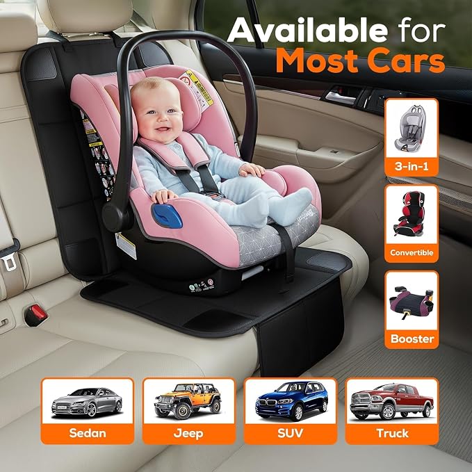 VLM Car Seat Protector for Child Baby Car Seat,600D Waterproof Car Seat Cover with Thick Padding, Non-Slip Backing and 2 Mesh Storage Pockets (2 Pack)