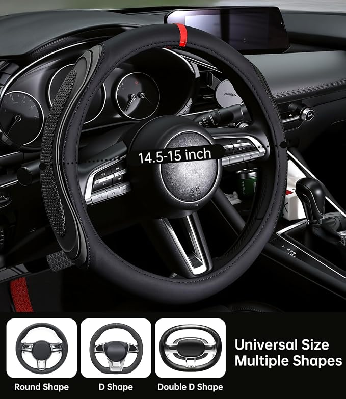 XCBYT Steering Wheel Cover - Black Leather Steering Wheel Wrap Great Grip with 3D Honeycomb Quick and Effortless Installation Non-Slip Silicone Inner Ring for Women Man Universal Fit 14.5-15 Inch
