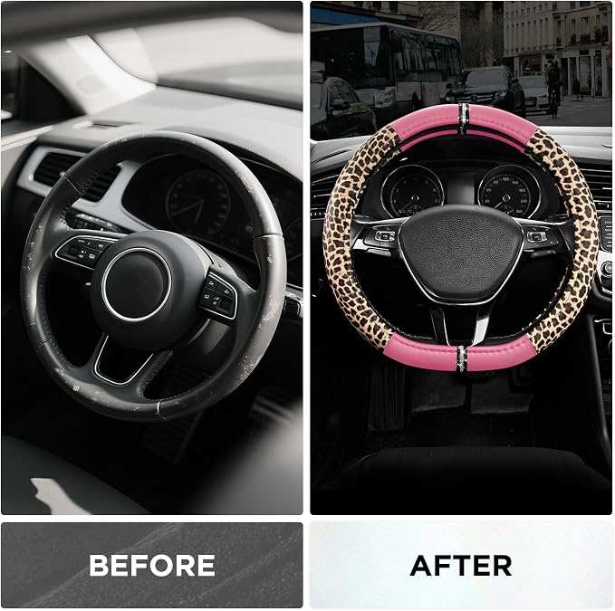 Road Comforts Leopard Steering Wheel Cover for Women, Cute Anti-Slip Microfiber Leather, Fits D Shape Flat Bottom Steering Wheel 14.5-15 Inch - Pink