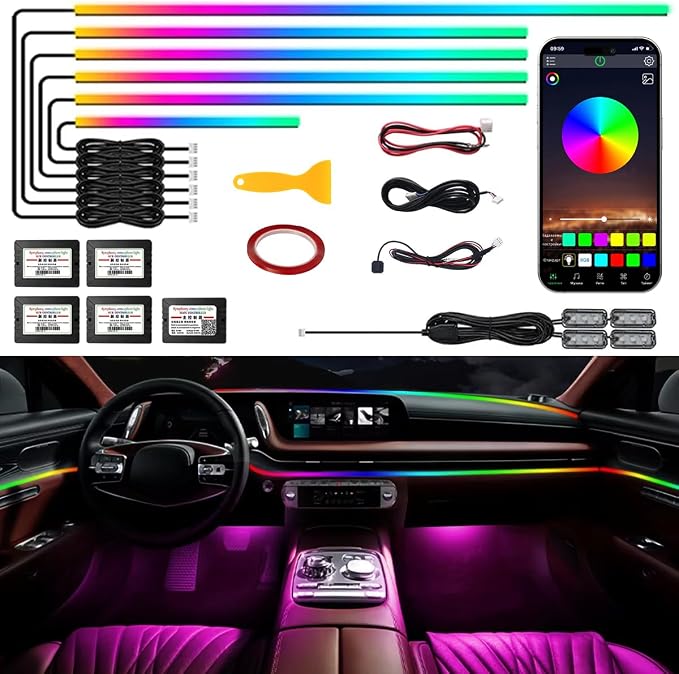 Dreamcolor Acrylic Interior Car Light with Wireless APP, RGB 10 in 1 Car Ambient Lighting Kits with 175 inches 600 LEDs, 16 Million Colors Sound Activated Car Neon Lights
