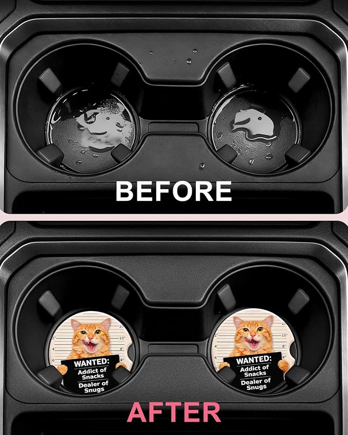 Swooflia 2 Pack Absorbent Ceramic Car Coasters for Women - 2.55 Inch Cat Funny Quote Car Cup Holder Coasters with Cork Base, Funny Car Accessories, New Driver Gifts