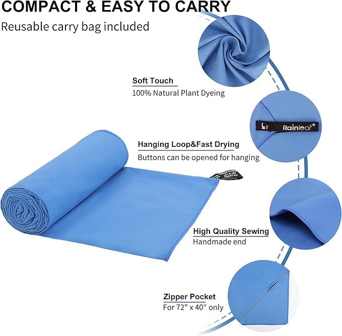 Rainleaf Microfiber Towel Quick Dry Camping & Travel & Gym Towel. Compact | Super Absorbent, Lightweight, Fast Drying. Suitable for Beach, Bath, Backpacking, Hiking, Swim.