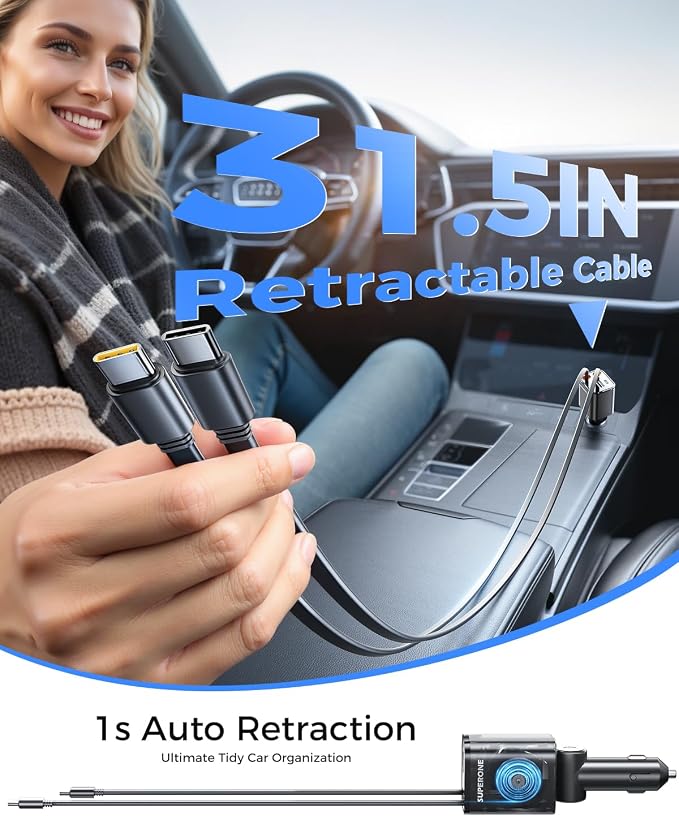 SUPERONE Retractable USB C Car Charger, Phone Car Charger Fast Charging with Dual Type C Cable, Car Accessories Small USBC Car Adapter | Phone Car Charger Fast Charging, Car Accessories Small USBC Car Adapter, for iPhone 17/16/15/14/13/12