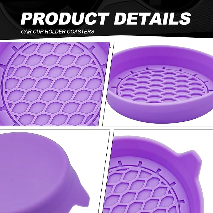 4-Pack Universal Cup Holder Coasters, Black Silicone Inserts - Keep Your Car Clean with Non-Slip & Spill-Proof Coasters for All Vehicles (Purple)