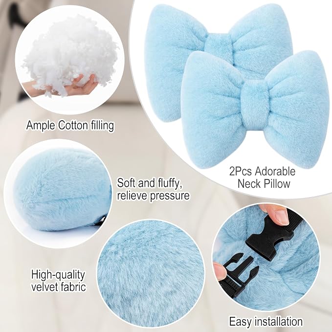Macarrie 2 Pcs Blue Car Neck Pillow Imitation Rabbit Fur Bow Pillow | Soft Comfortable Seat Headrest Support, Cute Bow Car Accessories, Driving Travel Driver Chair Girl Interior Decor, Solid