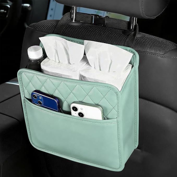 Car Seat Back Organizer, Car Organizers and Storage, PU Leather Vehicle Backseat Hanging Storage Pocket, Multipurpose Auto Organizer Hanging Universal for Most Vehicles (Green without Pocket)