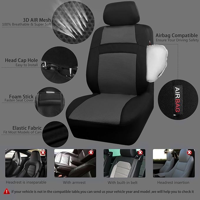 CAR PASS 3D Air Mesh Car Seat Covers Full Sets w/5mm Sponge, 4Pcs Waterproof Car Floor Mats, Steering Wheel Cover Universal Fit for SUV Sedan Truck, Airbag Compatible Automotive Interior(Black Gray)