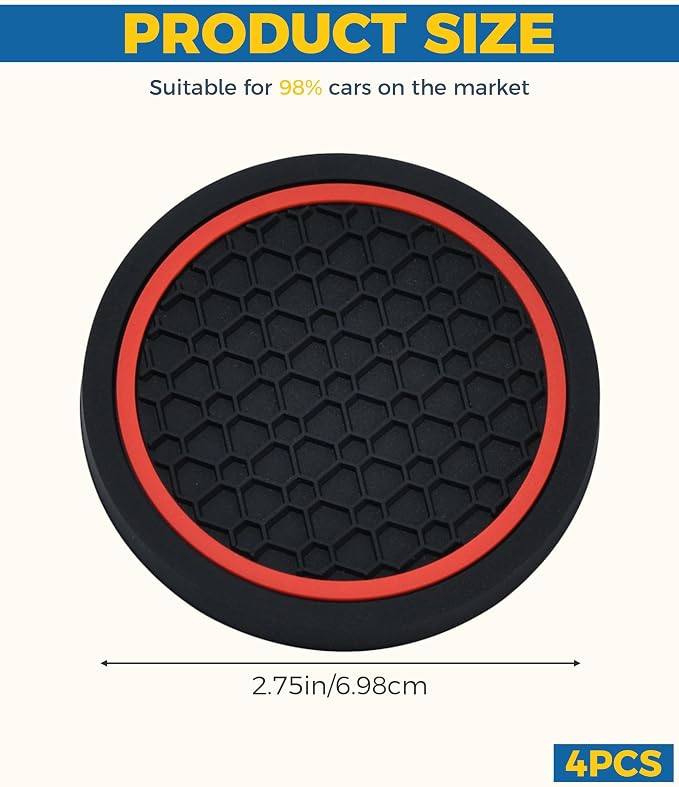4PCS Car Coasters,Car Accessories Car Cup Coasters,Car Accessories Interior,2.75 Inch Car Coasters for Cup Holders,Universal Non-Slip Car Cup Holder Coaster for Most Vehicle Truck (Black&Red)