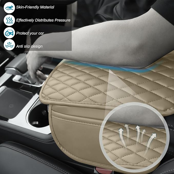 Ouzorp Car Center Console Cover Upgraded Microfiber Leather Car Arm Rest Cover with 2 Storage Bags Universal Armrest Cover for Car Storage Box Car Interior Accessories Protector for Most Vehicle-Beige
