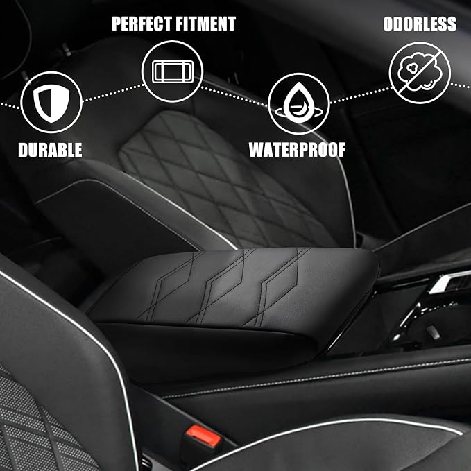 Muslogy Center Console Armrest Cover Fit for Volkswagen Atlas & Cross Sport 2024-2026 Accessories, Comfort Armrest Pad Console Lid Cushion Vegan Leather Regular Thick (V1_Black)