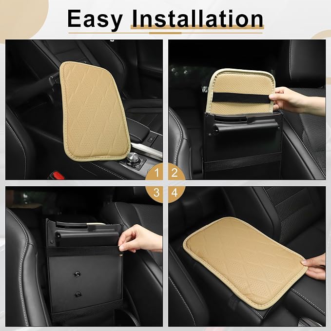 Amiss Car Center Console Cover, Leather Car Armrest Cushion, Universal Waterproof Cushion Pad, Non-Slip Car Interior Accessories, Fits Most Sedans SUVs Trucks (Light Beige)