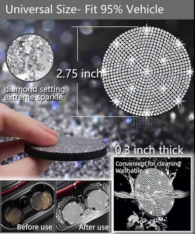 11 pcs Bling Car Accessories Set for Women, Steering Wheel Cover, Sparkly Seat Belt Covers, Daisy Vent Clips, Bling Shift Cover, Universal Fit Most Cars (White Diamond)