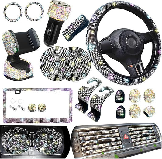 27PCS Bling Car Accessories Set for Women, 14.5-15" Rhinestone Steering Wheel Cover Cup Coaster, USB Charger Phone Holder Headrest Hook, Diamond Auto Interior Decor, Universal Fit (Multicolor)