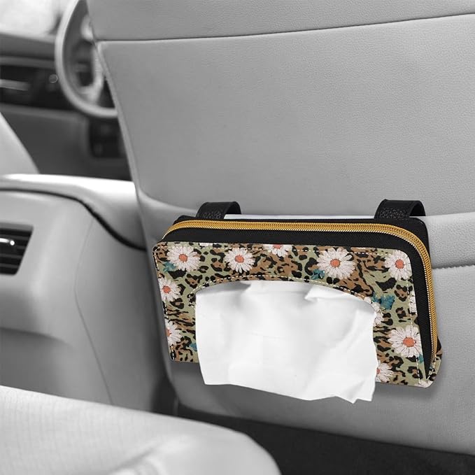 Leopard Daisy Tissue Box Sun Visor Tissue Holder Car Visor Napkin Holder with Back Clip Easy to Install Car Decoration