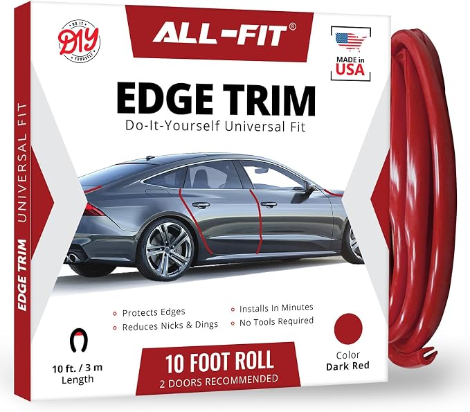 All-Fit Automotive Car Door Edge Protector – Universal DIY Edge Trim to Prevent Scratches & Dings – Flexible Adhesive Molding Trim for Cars, Trucks & SUVs (10 Ft - Red)