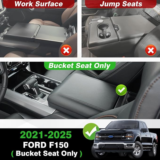 Muslogy Center Console Armrest Cover Fit for Ford F150 2021-2025 2026 Accessories, Comfort Armrest Pad Console Lid Cushion Vegan Leather 1-Inch Extra Thick(Bucket Seat ONLY)