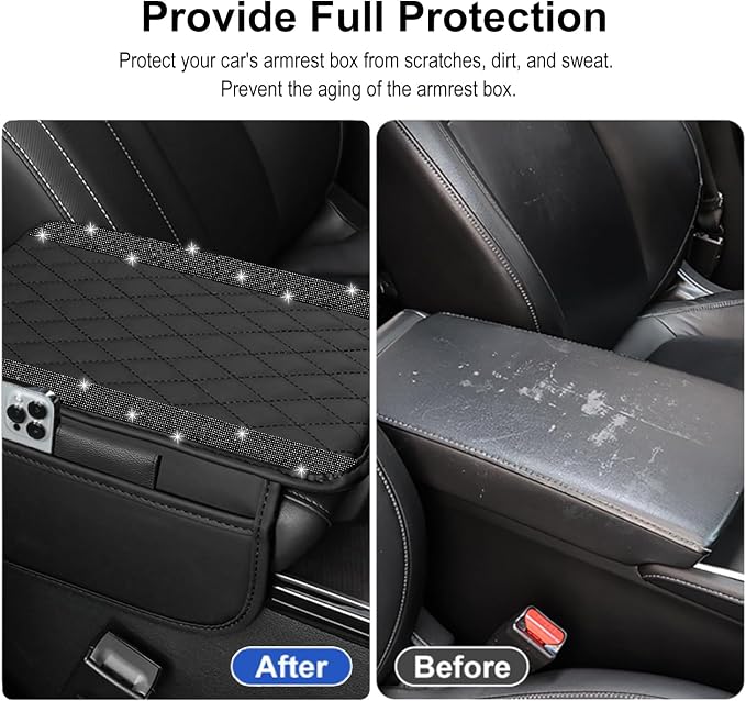 NBTEPEM Bling Car Center Console Cover, Leather Car Arm Rest Cover Cushion with 2 Storage Bags, Universal Automotive Armrest Protector Storage Box, Bling Accessories Interior for Most Vehicles (Black)