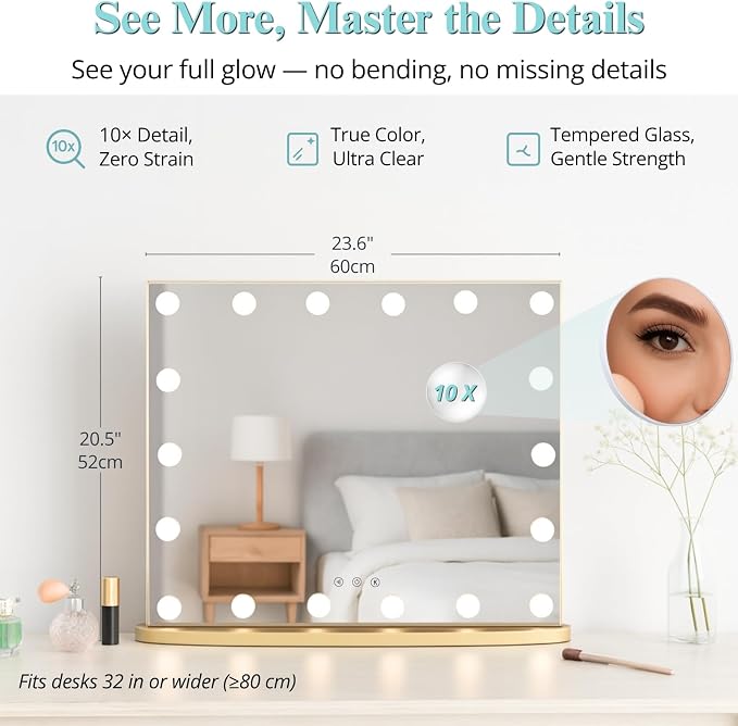 LUXFURNI Vanity Mirror with Lights, 23.6" Hollywood Makeup Mirror Gold | 18 Surround LED Bulbs, 360° Shadow-Free Lighting, 3 Color Modes, USB Charging, Tabletop & Wall Mount for Bedroom Dorm Desk