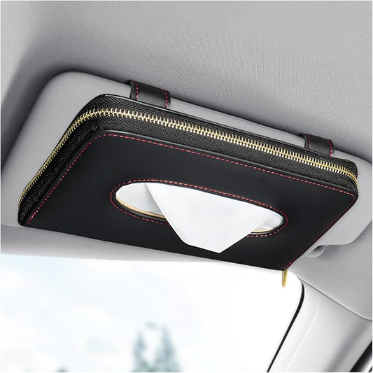 Car Tissue Box, Leather Auto Sun Visor Napkin Case Tissue Case Holder with Zipper, Sunvisor Paper Towel Storage Box Napkin Organizer for Most Vehicles, Car Accessories (Black)