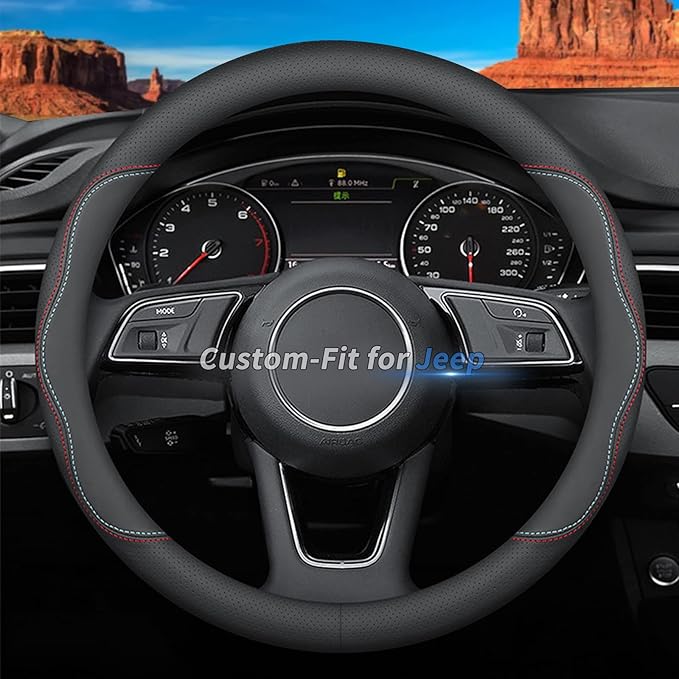 Deer Route Custom-Fit Leather Car Steering Wheel Cover for Jeep, A-Style, Non-Slip, Breathable