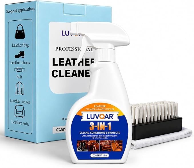 Leather Cleaner and Conditioner 3-in-1 Spray, Use on Leather Furniture, Car Seats, Shoes, Bags, Jackets and Leather Bags with Microfiber Brush & Microfiber Cloth(16 oz Spray Bottle)