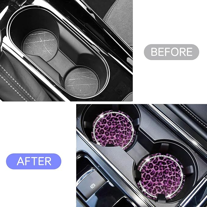 Car Cup Holder Coaster, 2PCS Silicone Car Cup Holder Insert Leopard Print, 2.75" Universal Non-Slip Cup Holders, Interior Car Accessories for Women and Man (Purple)