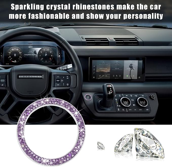 Kewucn Bling Crystal Double Rhinestone Car Engine Start Decoration Ring, Sparkling Push Start Button Sticker, Key Ignition & Knob Ring Decoration, Bling Car Interior Accessory(Purple)