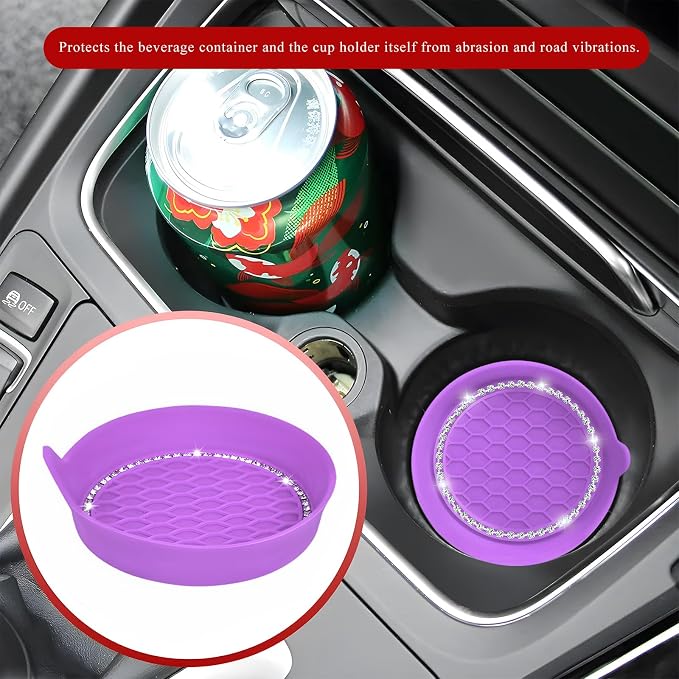 Sun Walker 4 PCS Bling Car Cup Holder Coaster, Non Slip Sparkly Rhinestone Cup Holder Pad Insert Coaster, Shockproof Silicone Shiny Embedded Drink Mat Interior Decor for Most Vehicles (Purple)