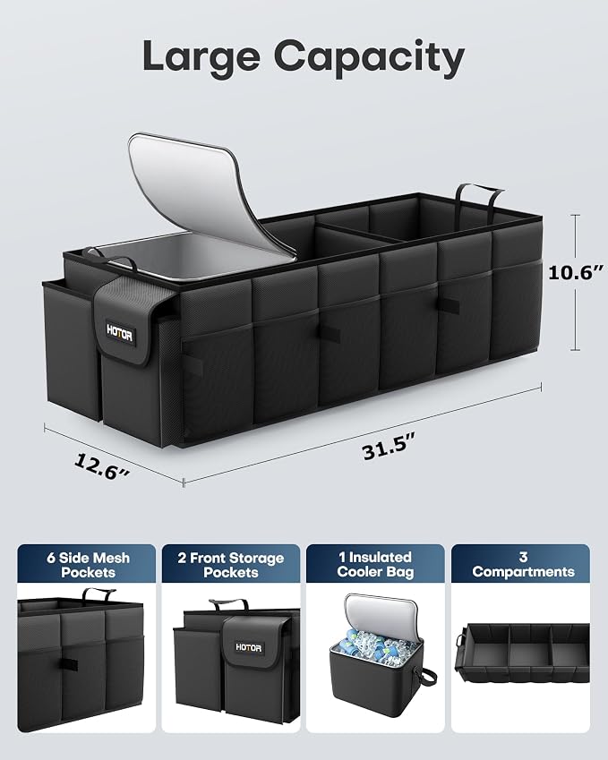 HOTOR Trunk Organizer, Sturdy Foldable with Cooler for Car & SUV, 3 Compartments, Black, 31.5” x 12.6” x 10.6”