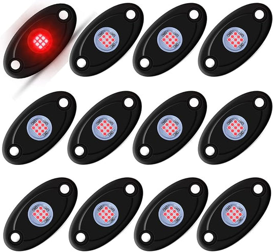 12 Pods Red LED Rock Lights Neon Underglow Light for Car Truck ATV SUV | Under Body Glow Light Trail Fender Lighting