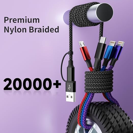 4 in 2 Multi Charging Cable, Dual IP Charging Cord with Type-C & Micro | USB A/C Input Multi Charging Cable with IP/IP, Type-C & Micro Ports, Nylon Braided Phone Charger for Travel & Car