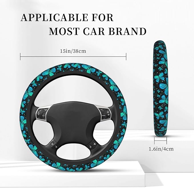 Butterfly Turquoise Green Steering Wheel Cover For Women Men Girls Car Accessories Decor Anti-Slip Neoprene Auto Steering Wheel Covers Protector Universal 15 Inch