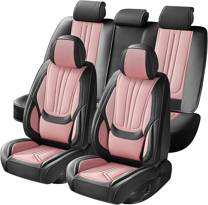 Car Seat Covers Full Set Pink and Black, Premium Leather Car Seat Covers, Waterproof and Breathable Seat Covers, Universal Car Seat Protector Fit for Cars, Trucks, SUVs, Pick-ups