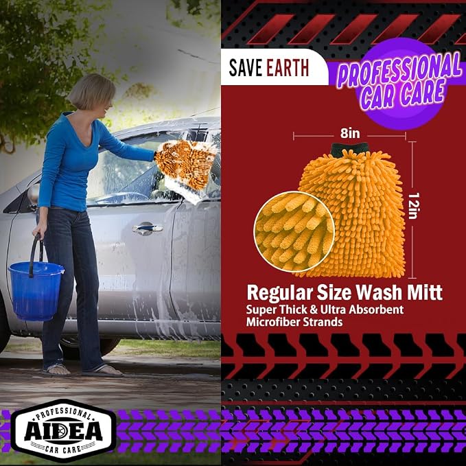 AIDEA Car Wash Mitt Microfiber, 2PK, Car Wash Brush, Orange, 8''X12'' | Scratch Free Lint-Free, Premium Chenille Microfiber Mitt, Cleaning Supplies, Extra Large Size