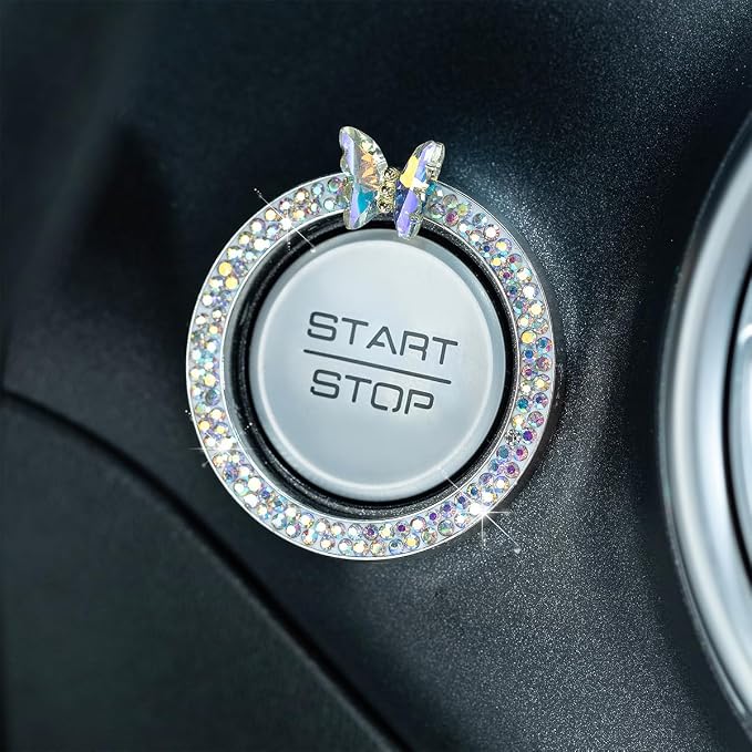 2PCS Bling Car Engine Start Stop Decoration Ring, Crystal Rhinestone Auto Push Start Button Ignition Ring Sticker, Vehicle Decor Accessories for Women Girls, Universal for Vehicles (AB Color)