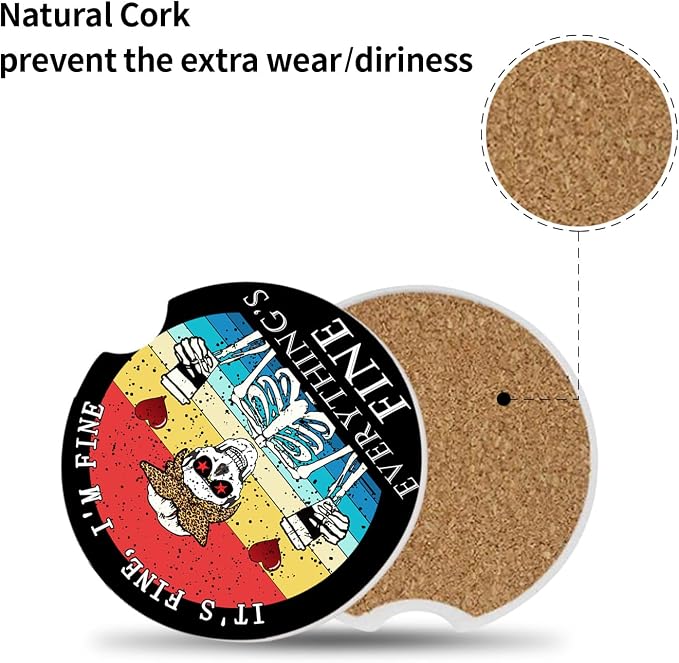 Funny Skull with Coffee Ceramic Cup Holders Car Coasters Set for Women/Men,2.56" 2 Pack for Absorbent Cup Car Holders, Coasters with A Finger Notch