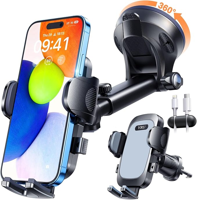 YRU True Military-Grade [360° Rotation Suction] 2026 Ultimate Car Phone Holder Mount【90+LBS Safest Strongest & Patent Certs】 Dash Windshield for iPhone 17 16 Pro Max Speakerphones, Light Gray